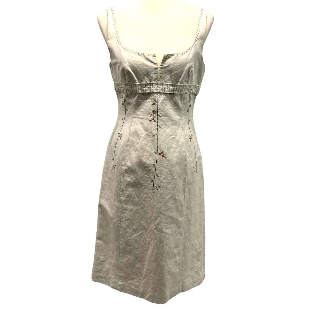 BCBG Max Azria Natural Linen Blend Embroidered Floral Sheath Dress